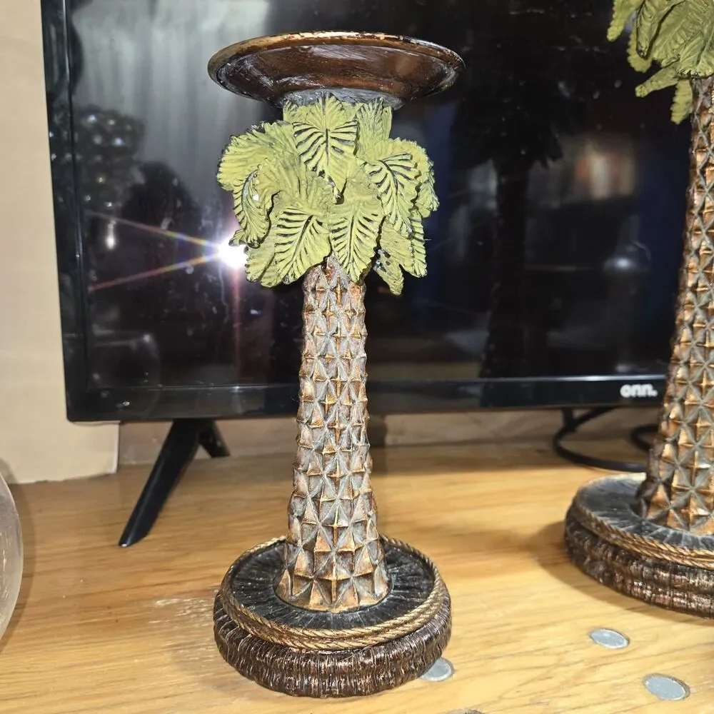 Vintage Palm Tree Resin Candlestick Holders Set Of 3